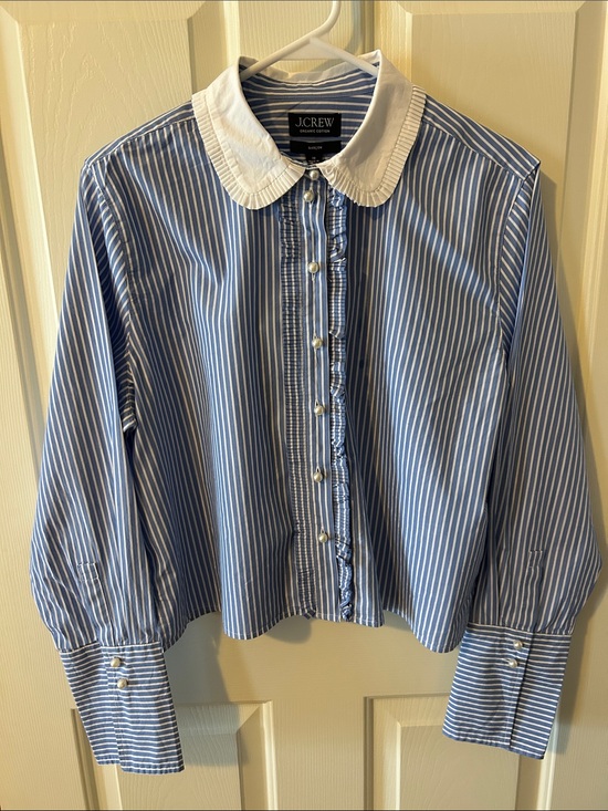 J. Crew Tops - J. Crew Blue & White Striped Ruffle-Front Shirt with Contrast Collar